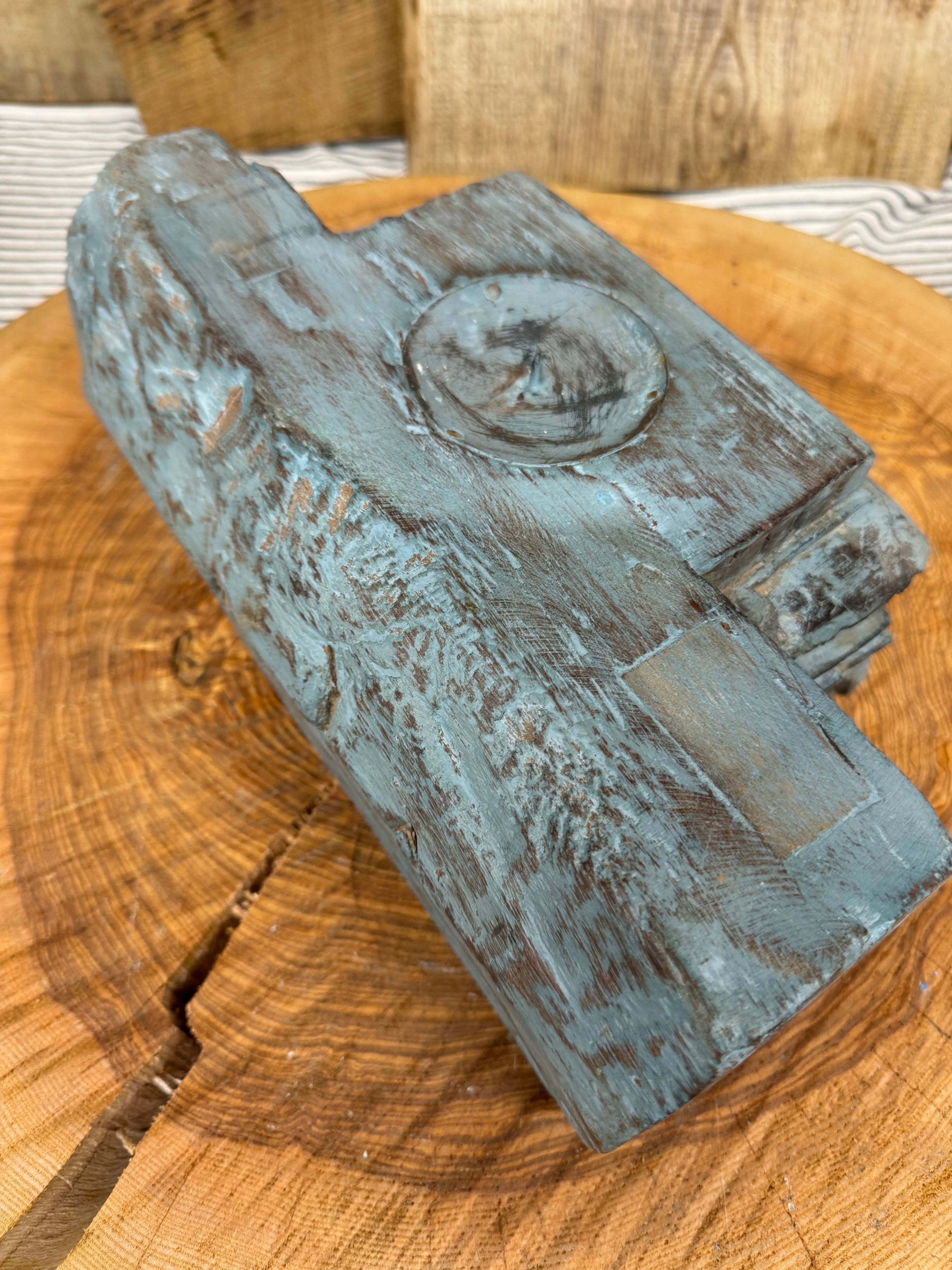 Indian Pillar Candle Holder – Rustic Reclaimed Wood Base in Dark Blue