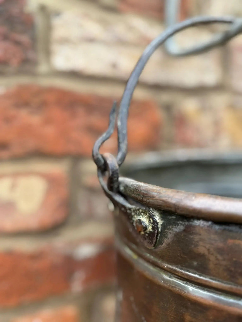 Antique Copper Cauldron Pot with Riveted Iron Handle & Dovetail Planter Pot  B
