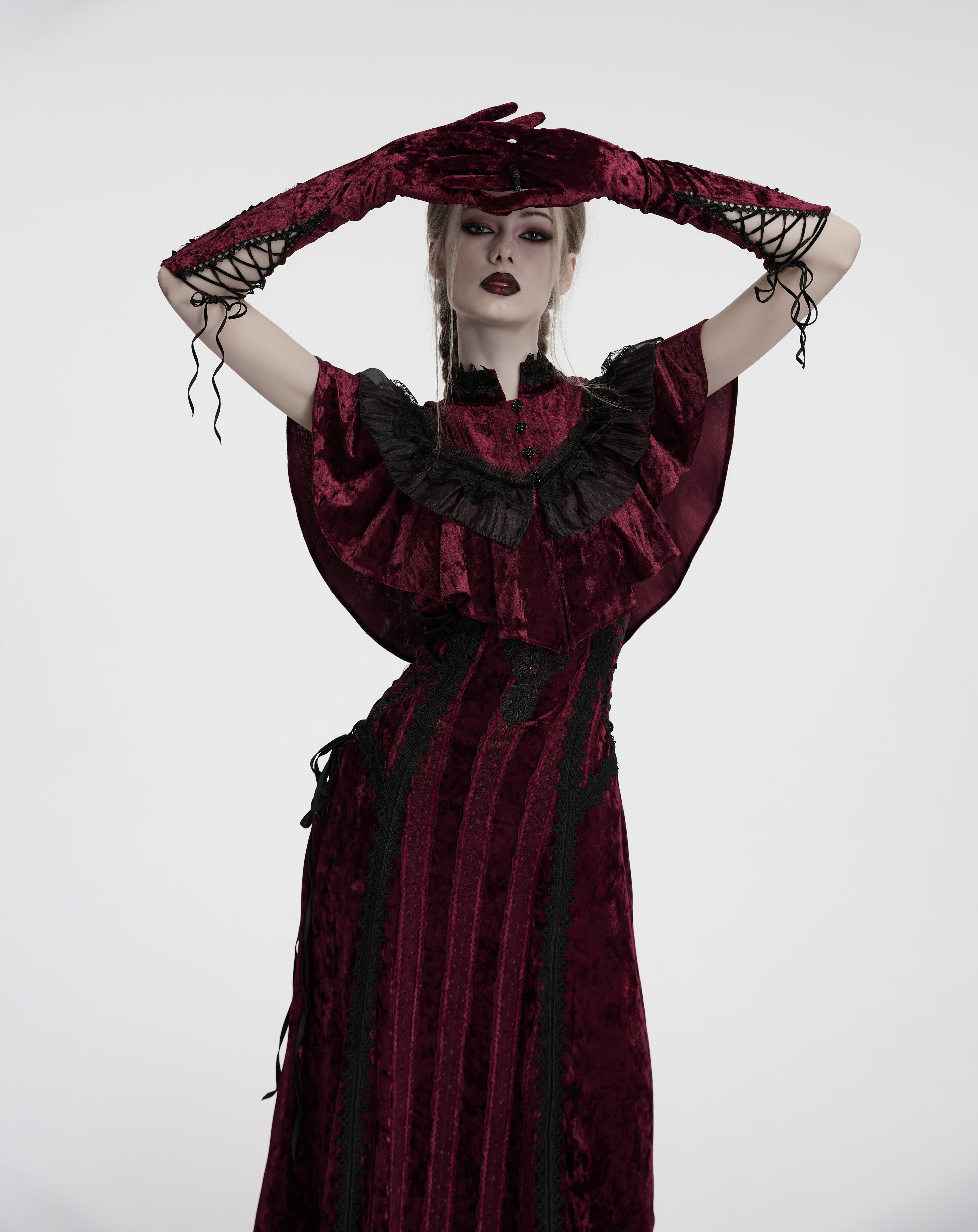 Punk Rave Selene Crimson Velvet Embroidered Gothic Evening Gloves