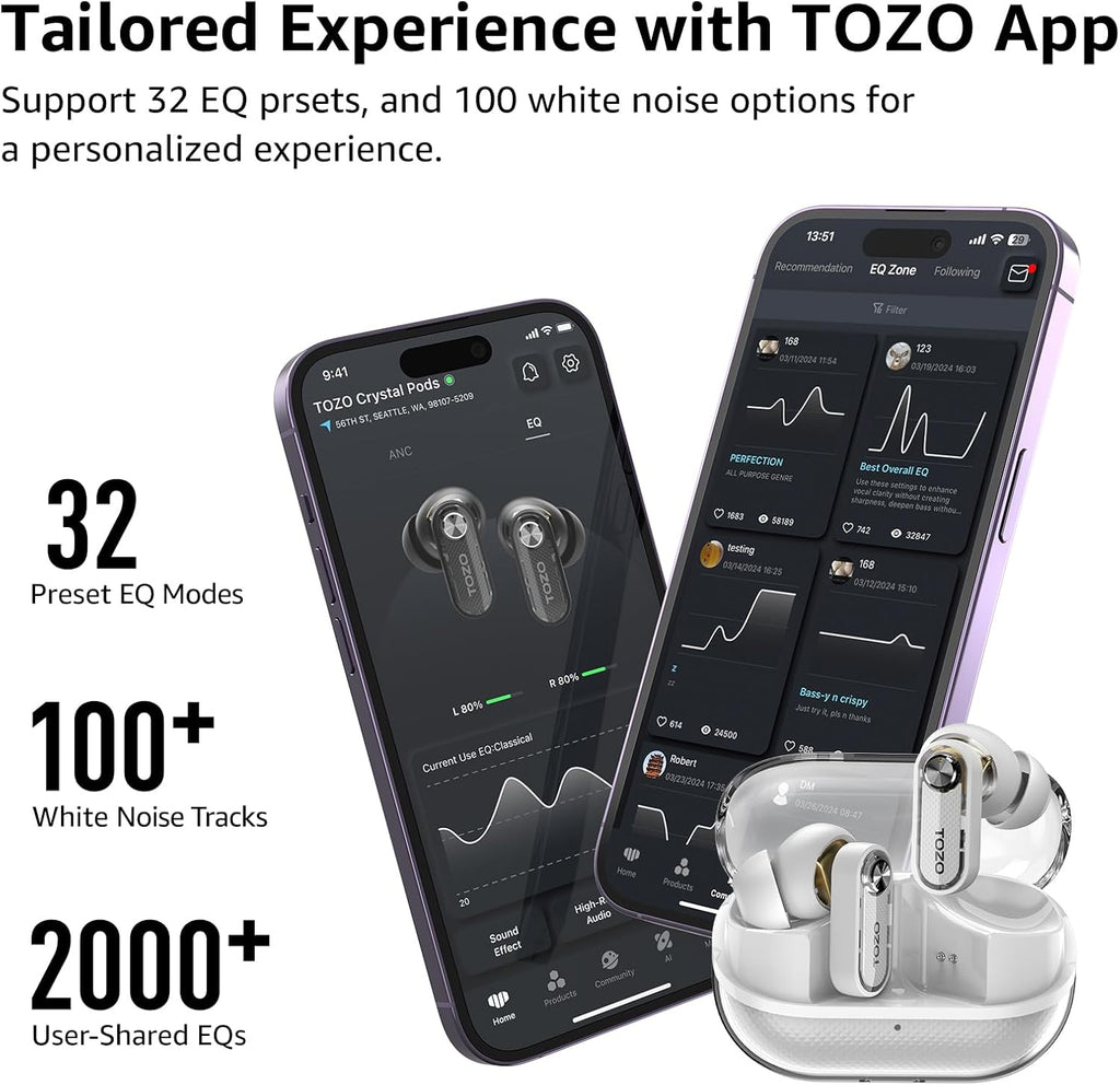 TOZO Crystal Pods Hybrid Active Noise Cancelling Wireless Earbuds - IPX5