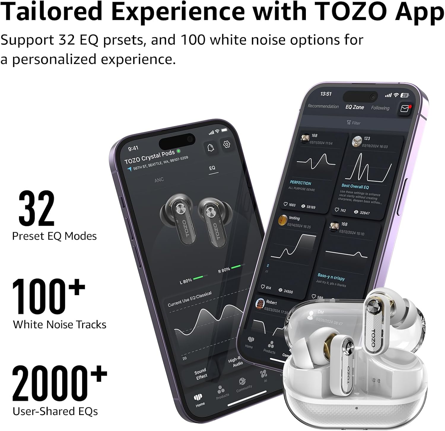 TOZO Crystal Pods Hybrid Active Noise Cancelling Wireless Earbuds - IPX5
