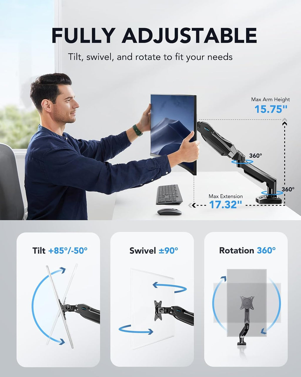 HUANUO Single Monitor Arm – Gas Spring Desk Mount for 13-32 Inch Screens