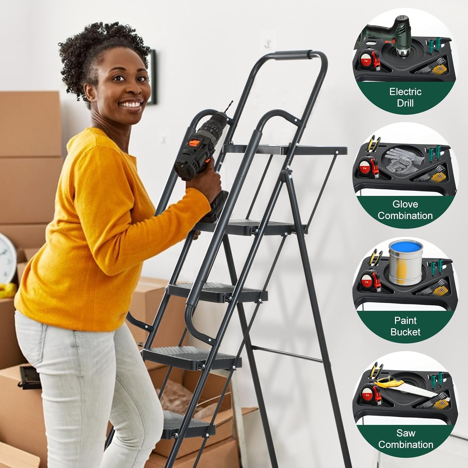 EPROSMIN 4-Step Folding Ladder with Handrails and Tool Tray – Steel