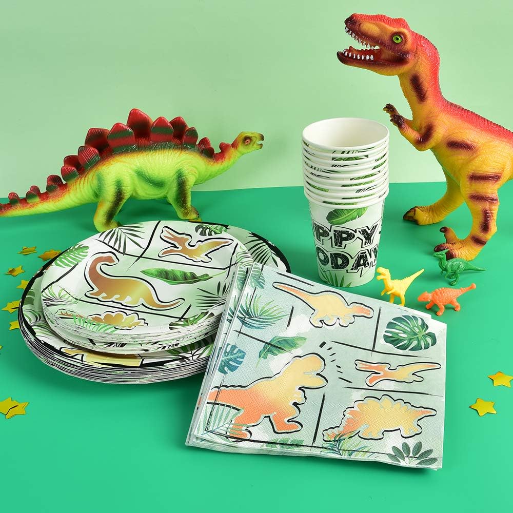 Massive Discounts Gold Dinosaur Party Tableware Set - 16 Guests 64pc