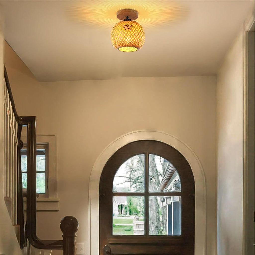 Schindora Bamboo Flush Mount Ceiling Light – Boho Rattan Wicker Fixture