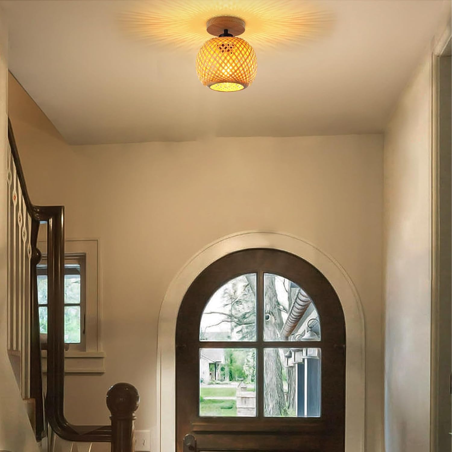 Schindora Bamboo Flush Mount Ceiling Light – Boho Rattan Wicker Fixture
