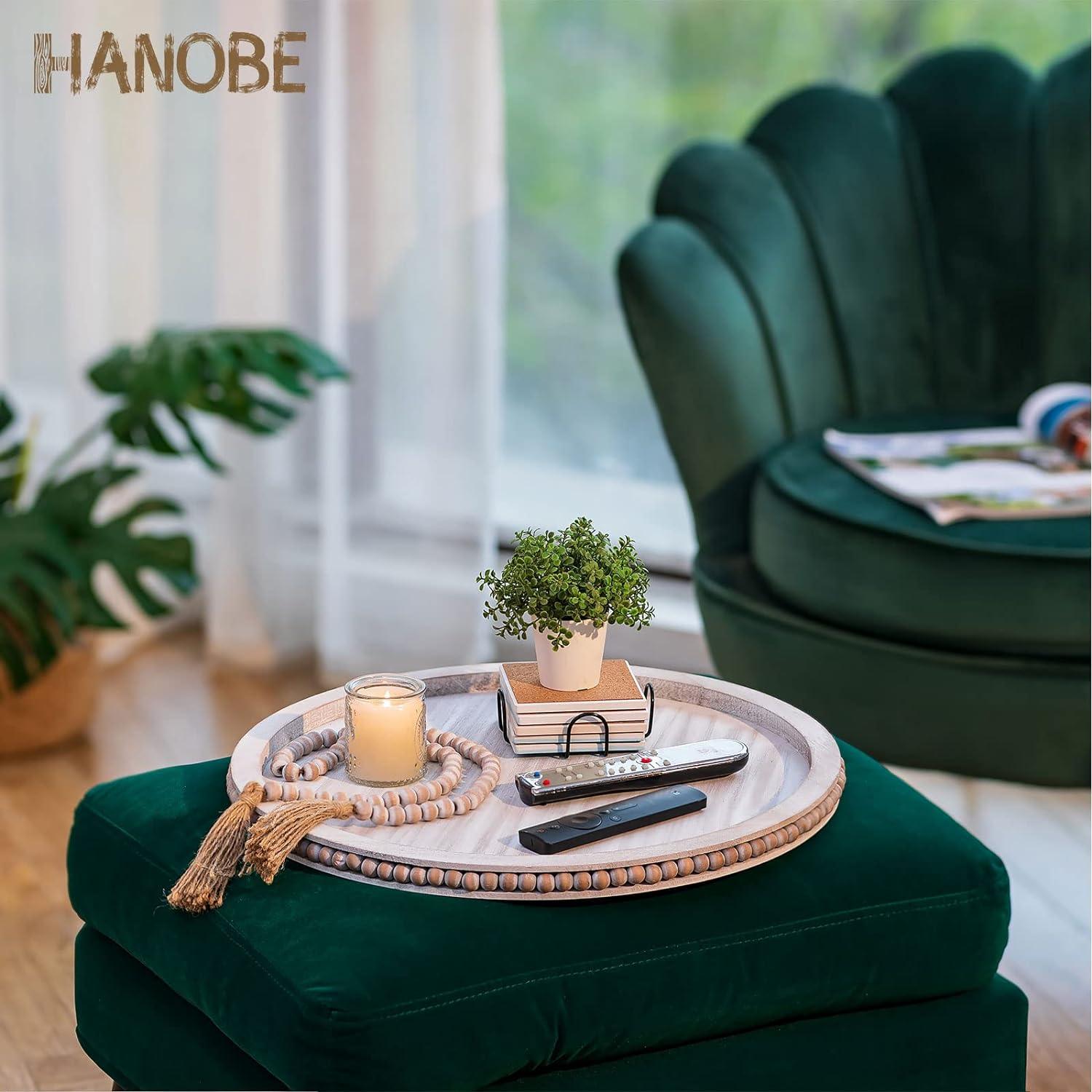 HANOBE 18 Inch Round Wooden Tray | Beaded Boho Coffee Table Centerpiece