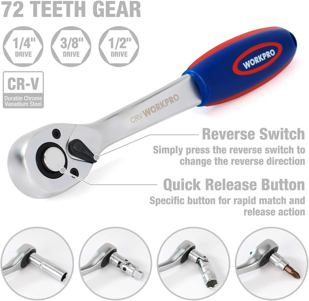 WORKPRO 172-Piece Mechanics Tool Set – Metric Cr-V Sockets & Ratchets