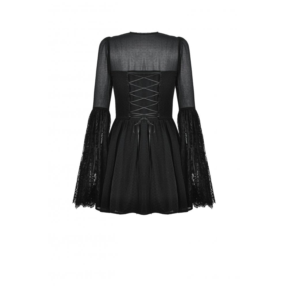 Dark in Love Greta Gothic Lace-Up Mesh Dress – Black Bell Sleeve