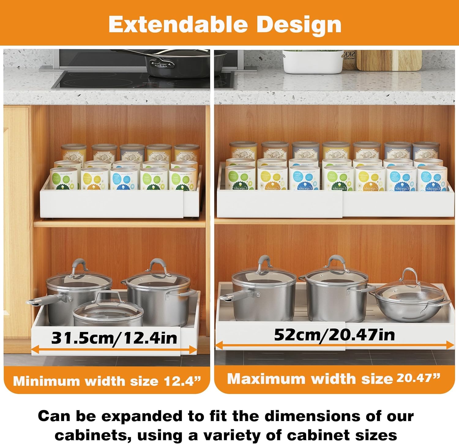 COVAODQ Pull-Out Cabinet Organizer | Adjustable 12-20in Metal Drawer 2-Pack