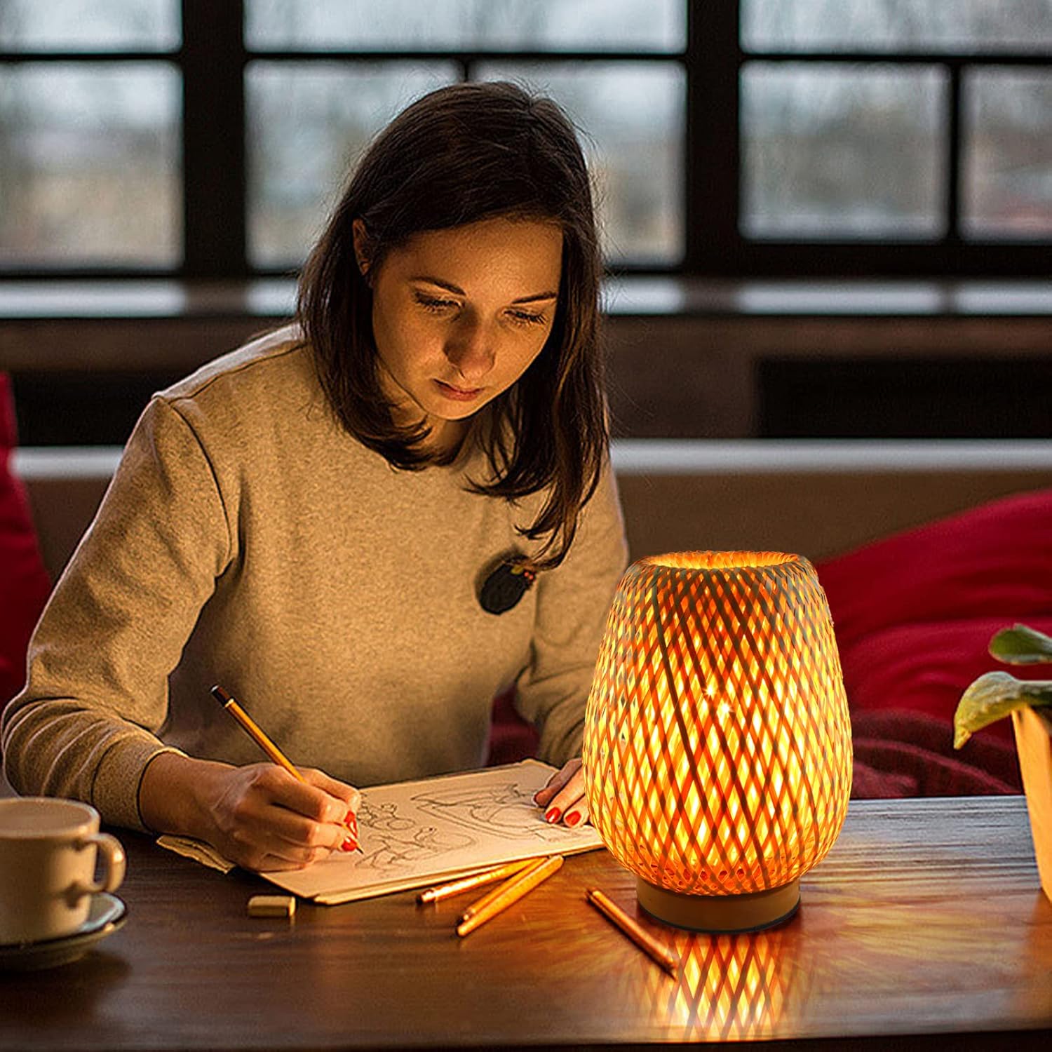 Schindora Bamboo Table Lamp – Handmade Wicker Boho Bedside Light
