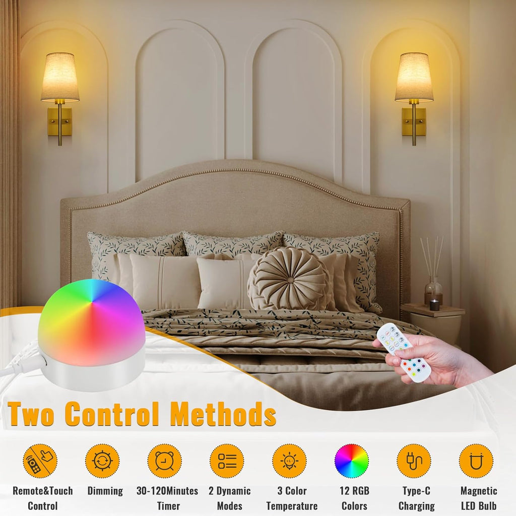 Lightsjoy Rechargeable RGB Wall Sconces – Gold Cordless Lights (Set of 2)