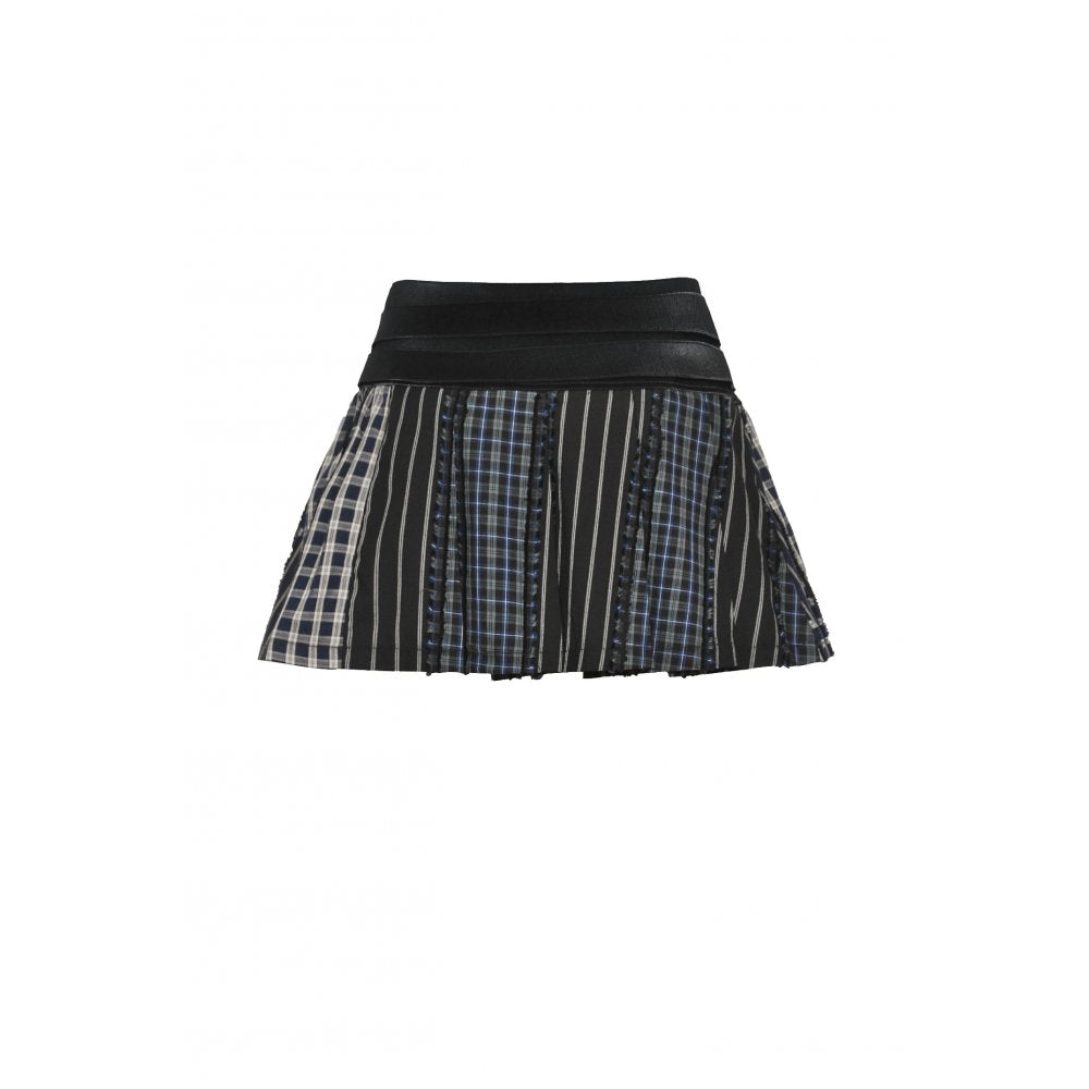 Dark in Love Sage Plaid Patchwork Pleated Mini Skirt with Leather Waist