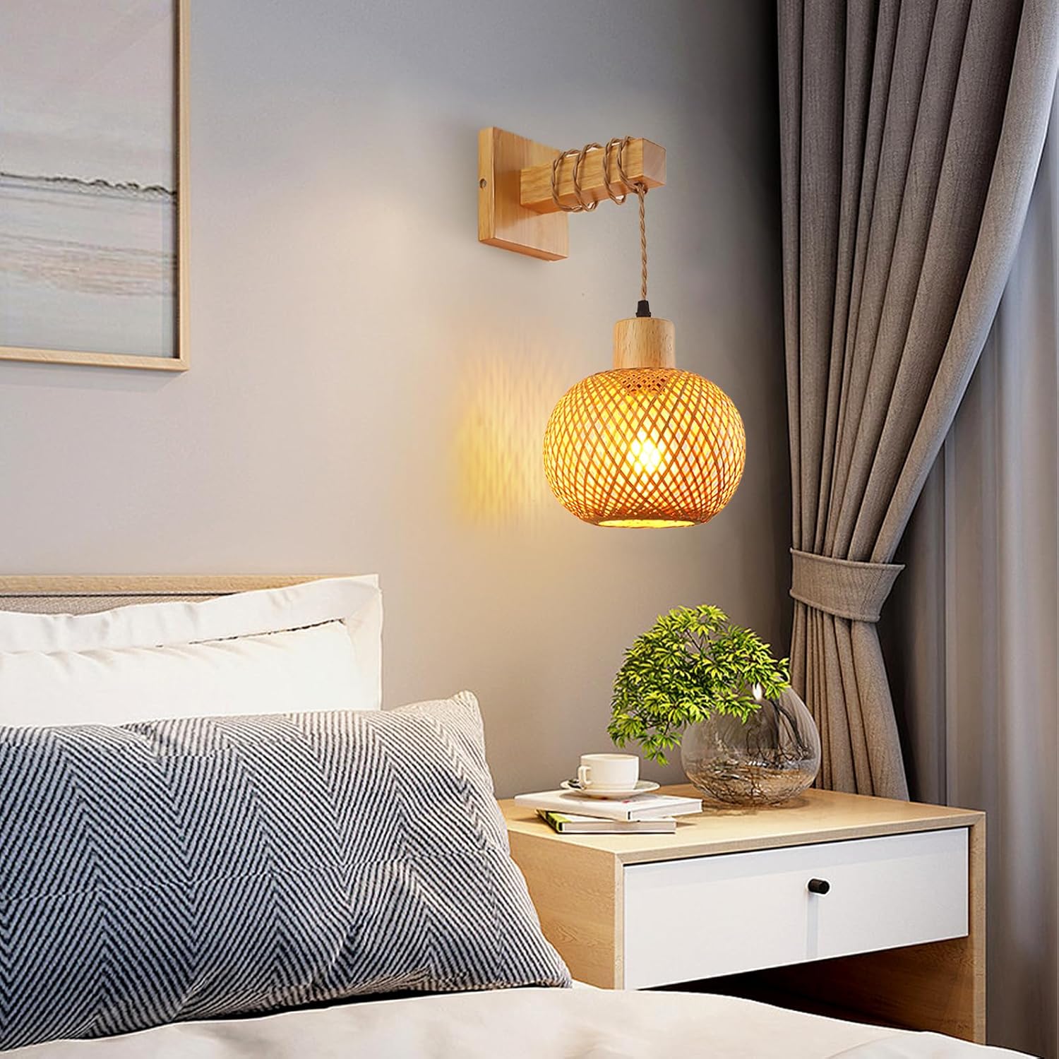 Schindora Handwoven Bamboo Wall Light – Boho Rattan E27 Indoor Sconce