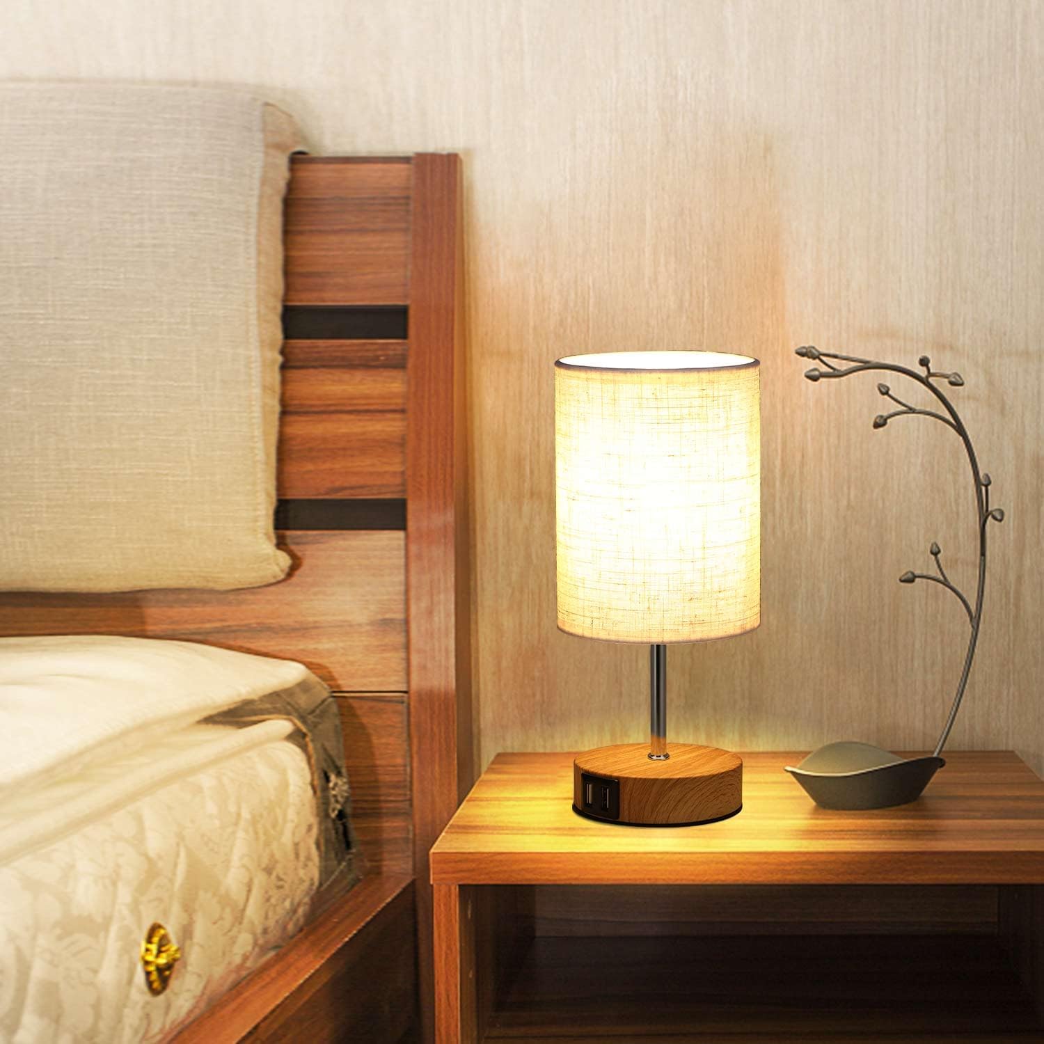 Lightess Touch Bedside Lamps - Set of 2 Dimmable Wood USB Table Lamps