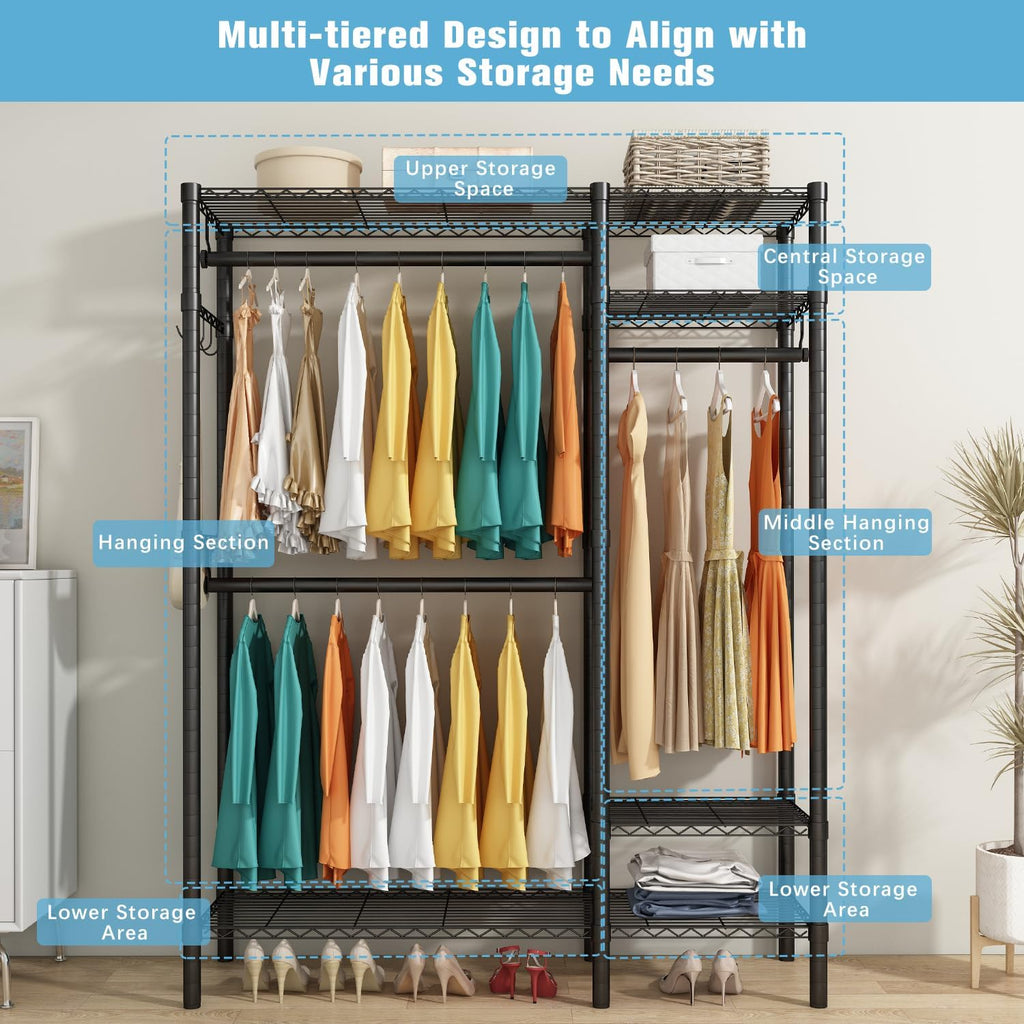 KZOBYD Heavy Duty Metal Clothes Rack | 3 Rods & 4 Adjustable Shelves