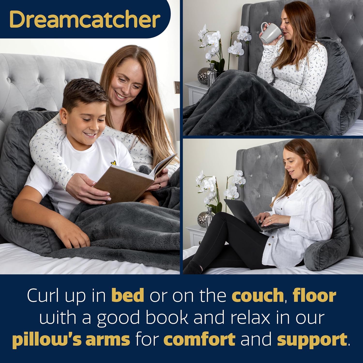 Dreamcatcher Grey Memory Foam Reading Pillow with Arm Support