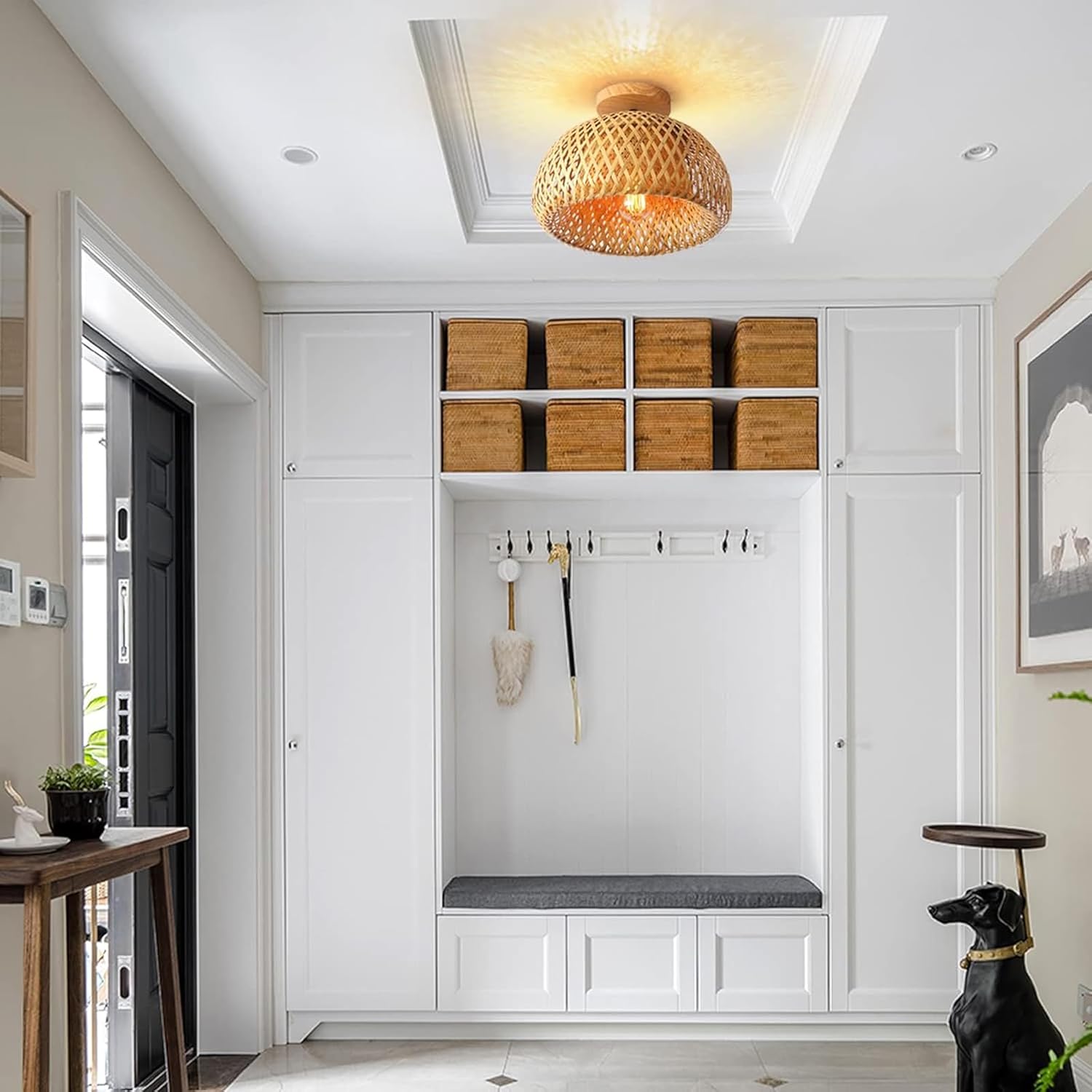 Schindora Bamboo Rattan Ceiling Light – Boho Farmhouse Flush Mount