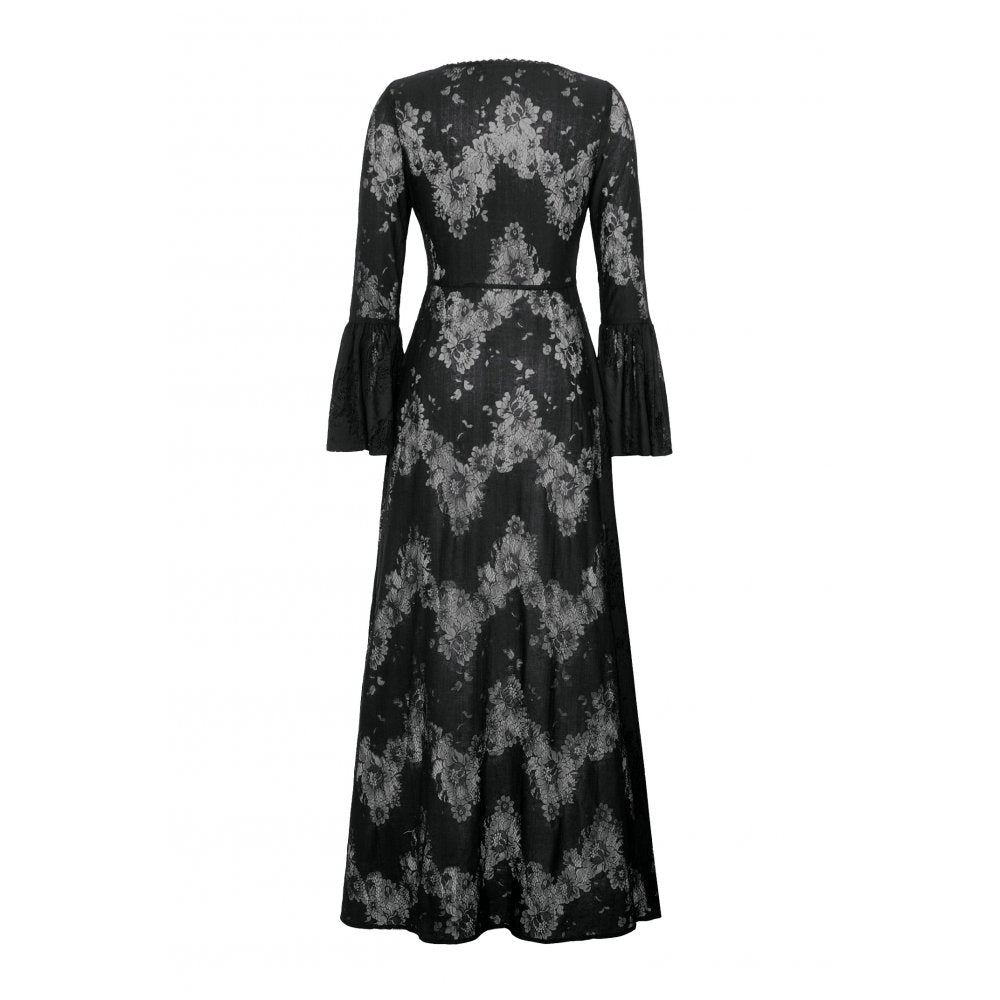 Dark in Love Emersyn Gothic Long Robe – Floral Lace Bell Sleeve