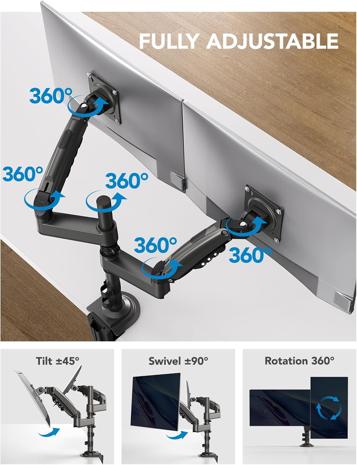 HUANUO Dual Monitor Stand – Tall Gas Spring Arm for 13 to 32 Inch Screens