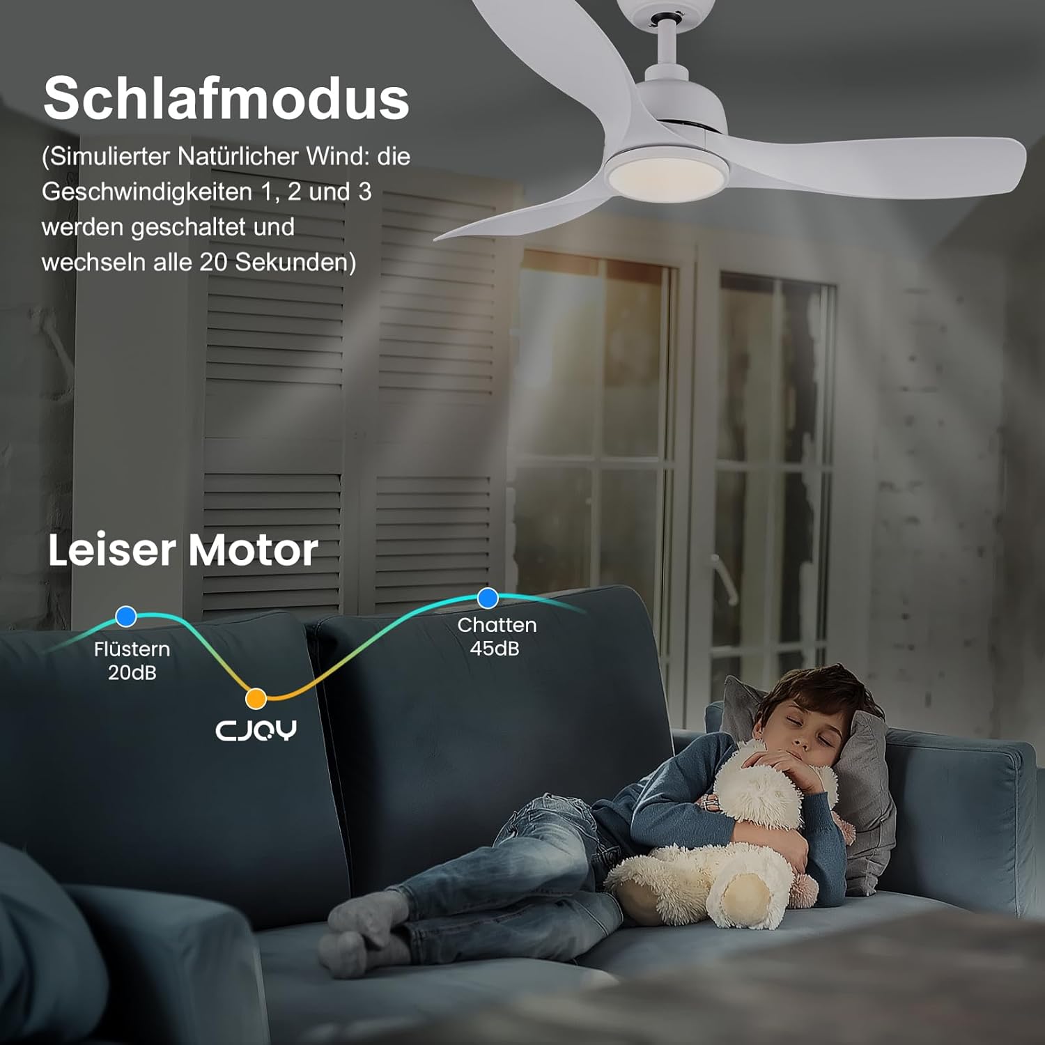 CJOY 42" White Ceiling Fan with Dimmable LED Light and Remote | Quiet DC Motor