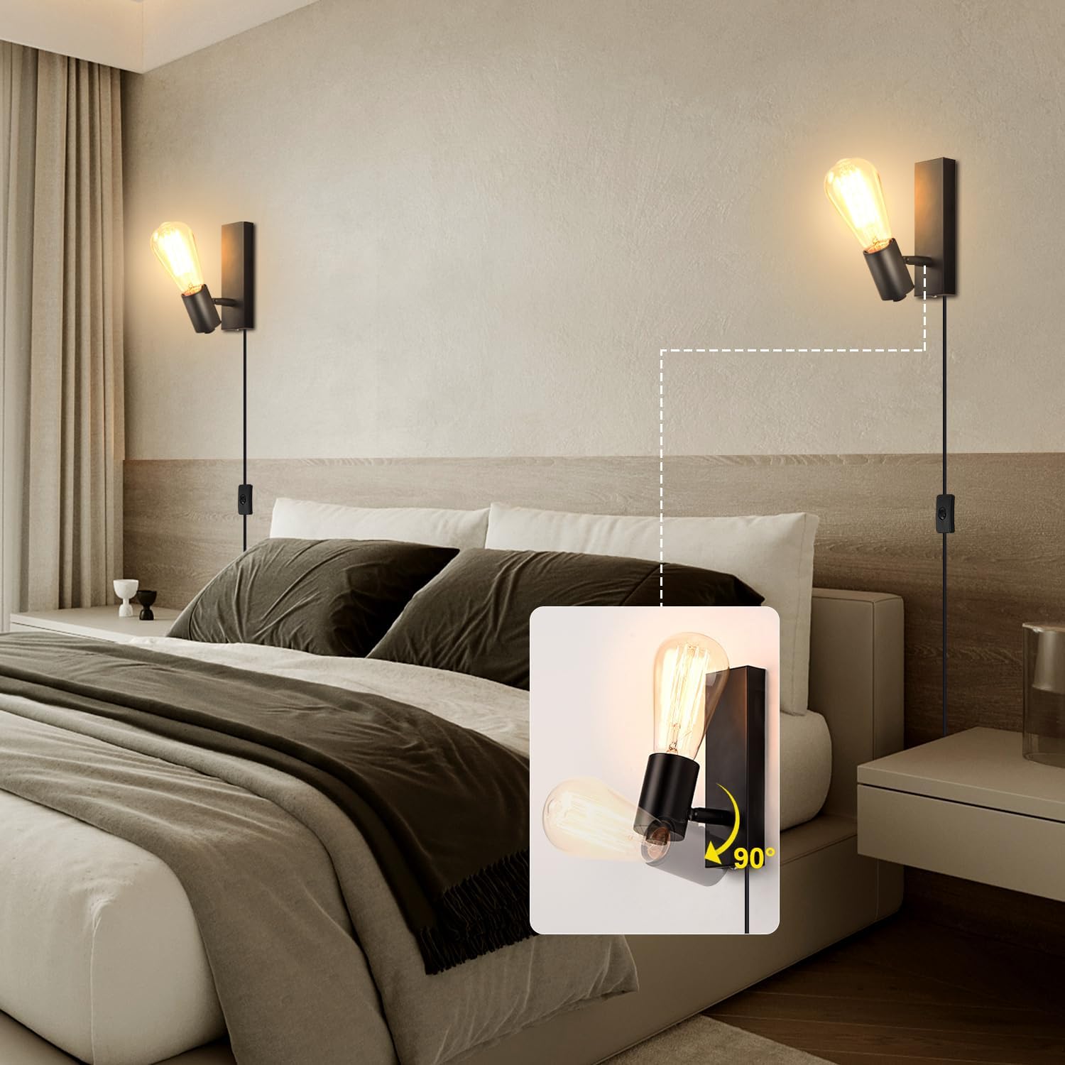 Lightsjoy 2-Pack Rotatable Industrial Plug-In Wall Sconces – Black E27