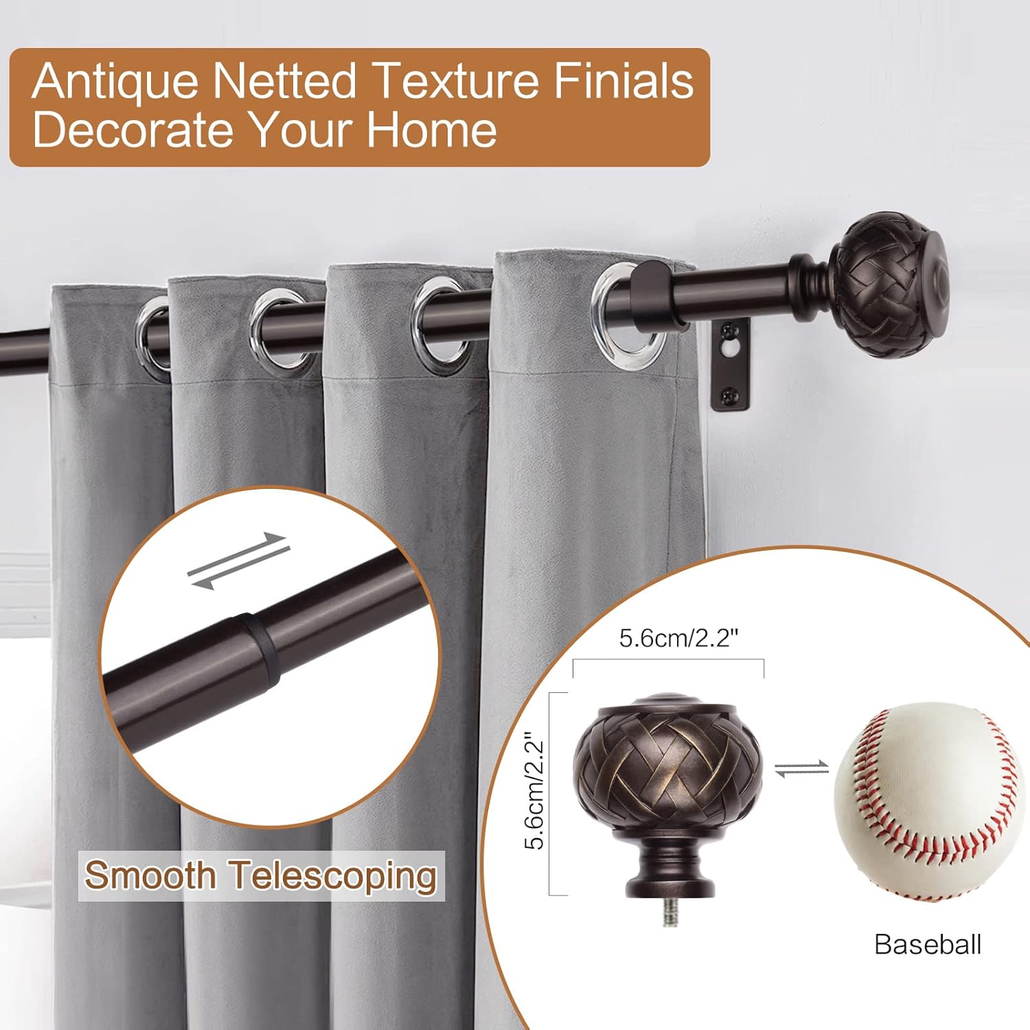 SZXIMU Extendable Curtain Rod 182-365cm | Netted Finials – Brown