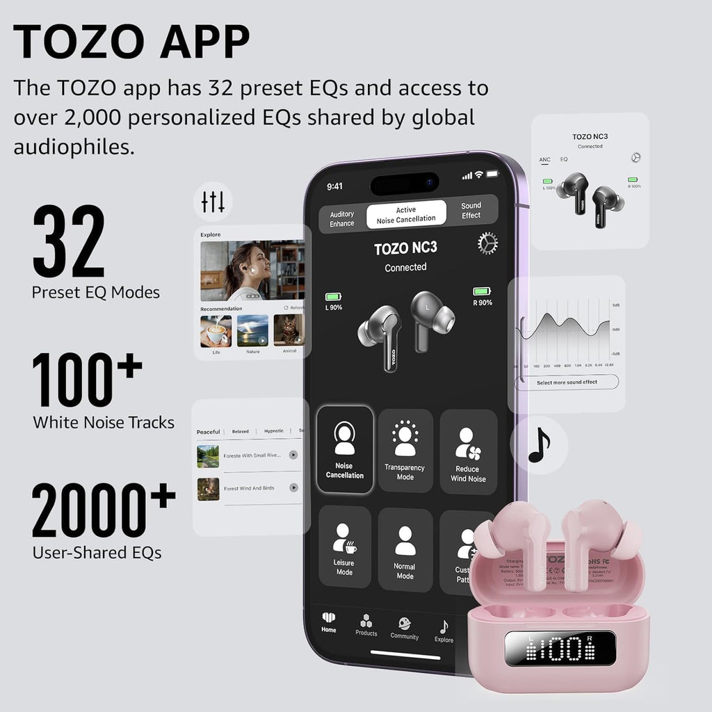TOZO NC3 Hybrid Active Noise Cancelling Wireless Earbuds | IPX8 | 55H