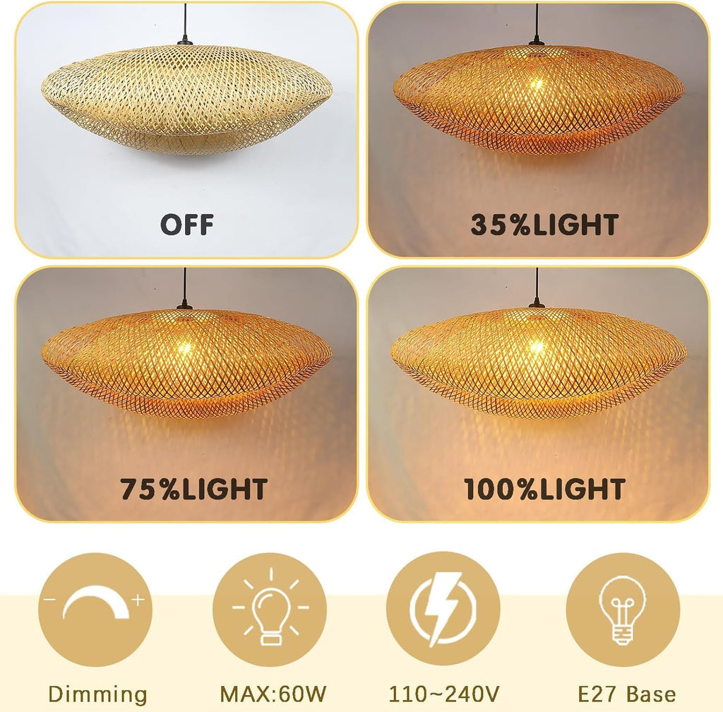 Schindora Bamboo Pendant Light – 40cm Woven Straw Hat Ceiling Lamp