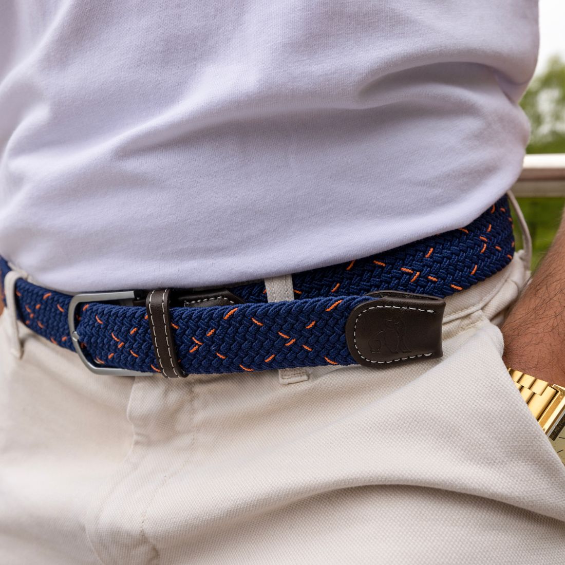 Swole Panda Recycled Woven Belt – Navy & Orange Dot Elasticated