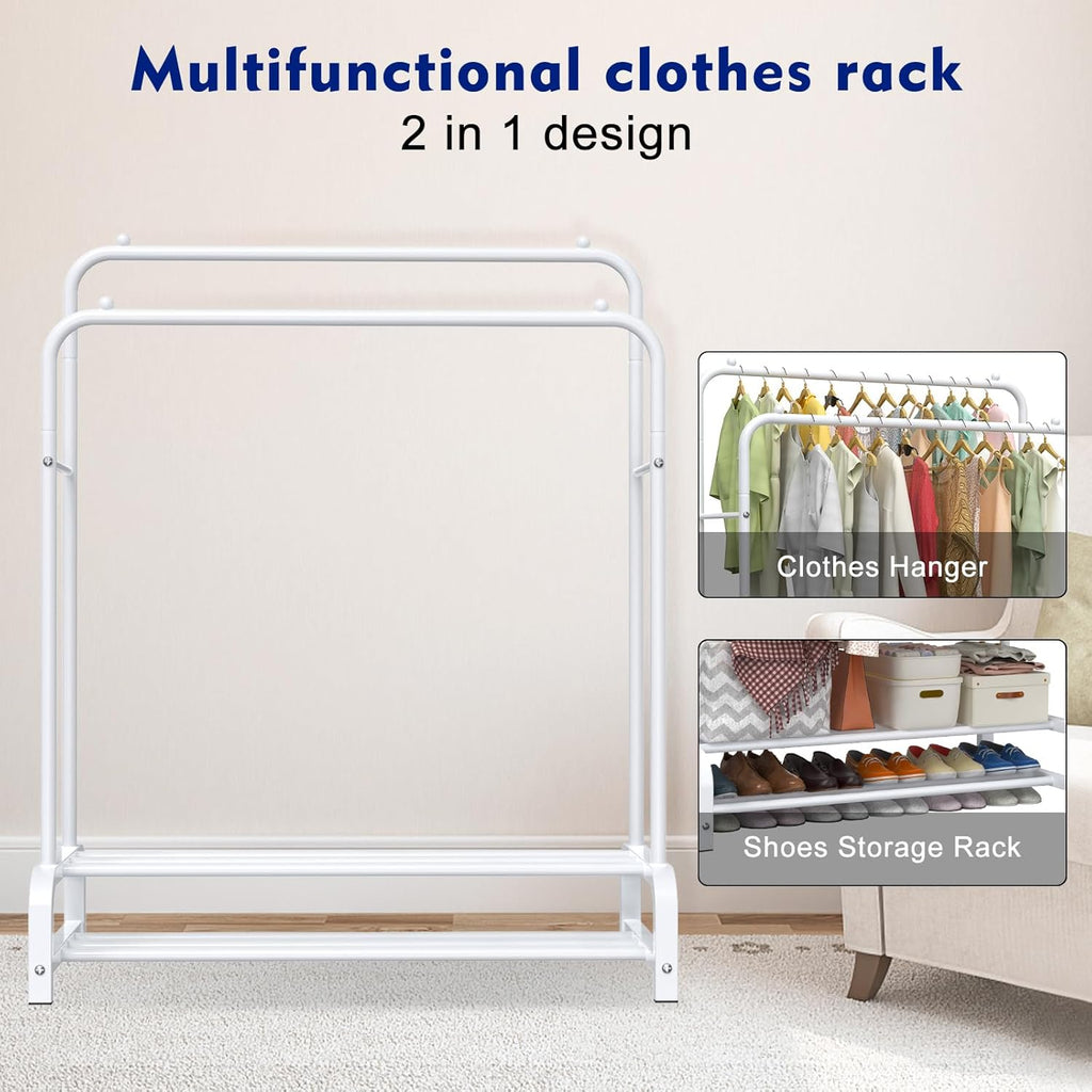 LOEFME Double Metal Garment Rack – Heavy Duty 2-Tier Clothes Rail, White