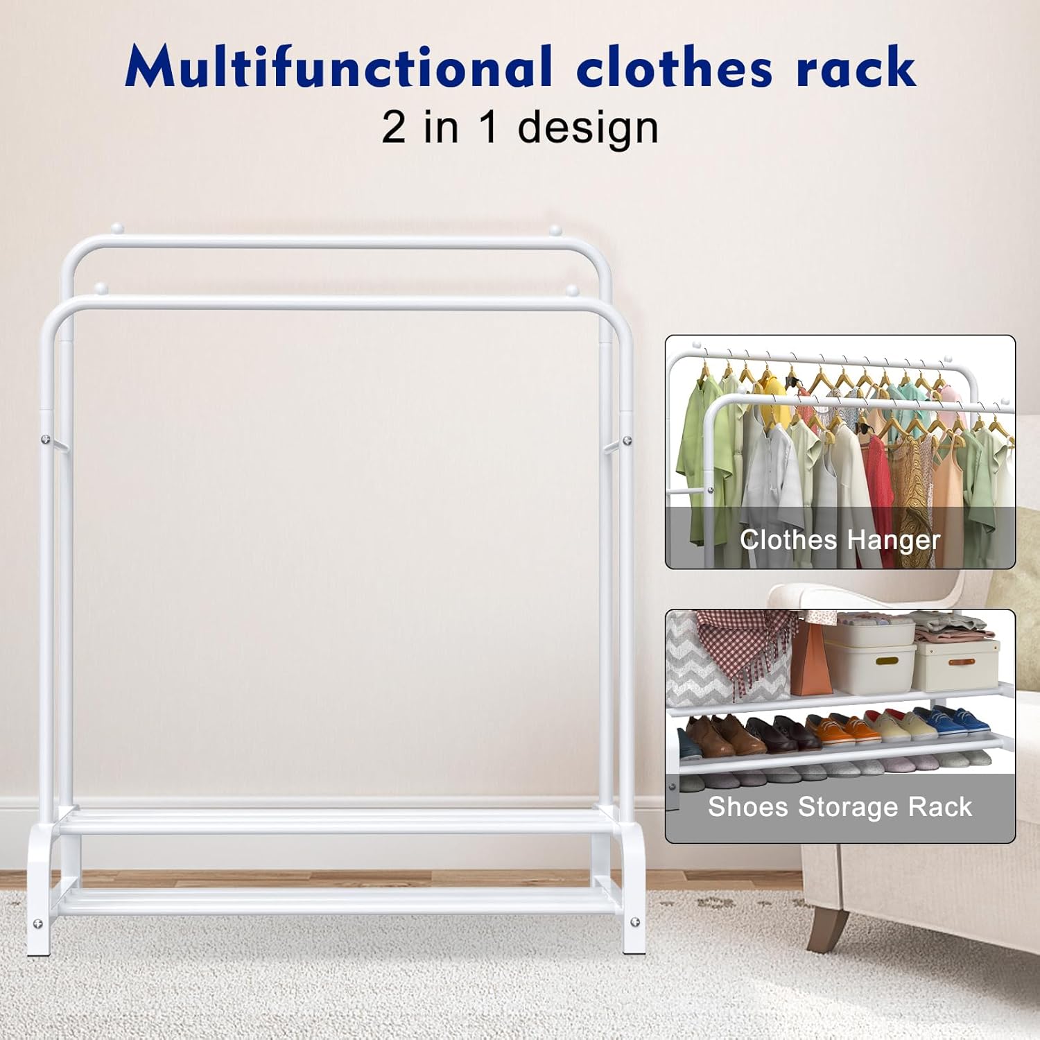 LOEFME Double Metal Garment Rack – Heavy Duty 2-Tier Clothes Rail, White