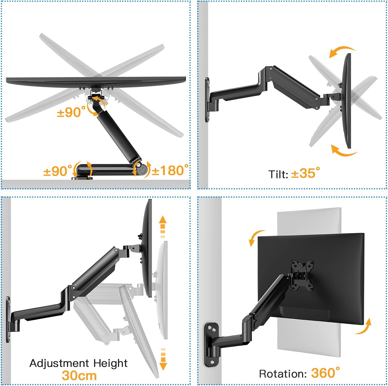 HUANUO Monitor Wall Mount – Gas Spring Arm for 17–32" VESA Screens