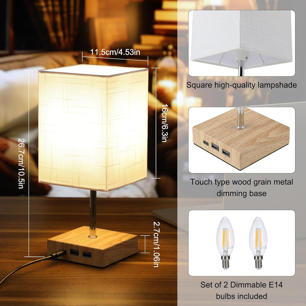 Lightsjoy Touch Bedside Lamps 2-Pack | Stepless Dimmable USB C & A