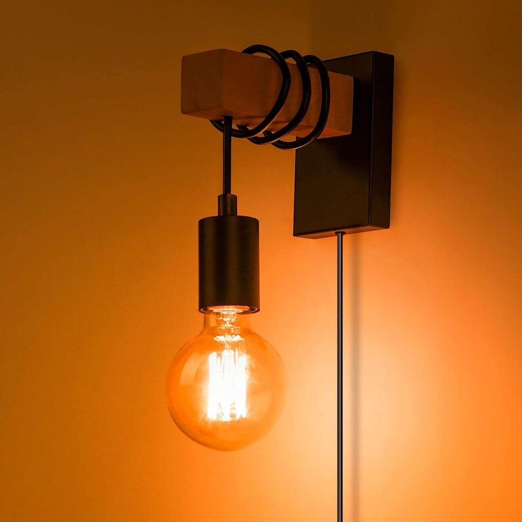 Lightess Dimmable Plug-In Wall Sconces – 2-Pack Black Wood Lighting