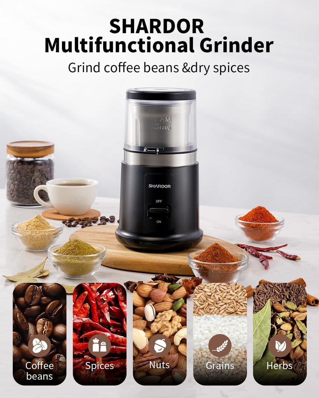 SHARDOR Electric Coffee Grinder - 75g Removable Stainless Steel Bowl