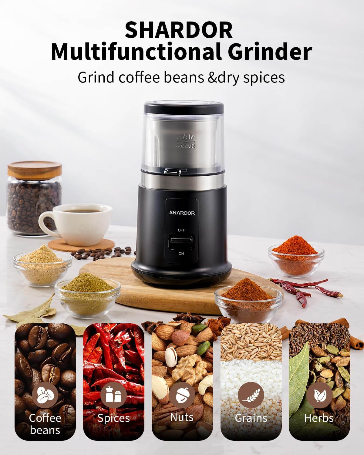 SHARDOR Electric Coffee Grinder - 75g Removable Stainless Steel Bowl