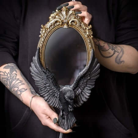 Alchemy Gothic Raven's Gaze Wall Mirror – Gold Baroque Bird Decor