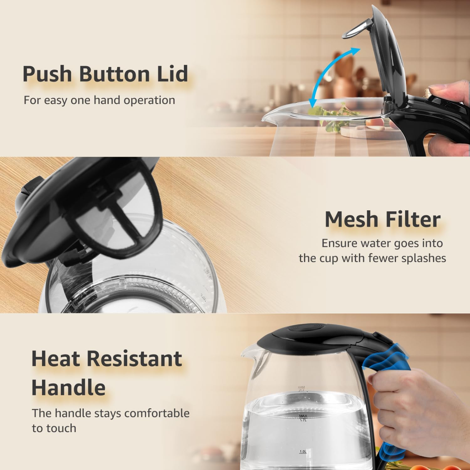 Aigostar 1.7L Glass Electric Kettle | 2200W Fast Boil LED Light