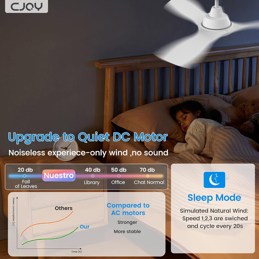 CJOY 42" White Ceiling Fan with Dimmable LED Light and Remote Control