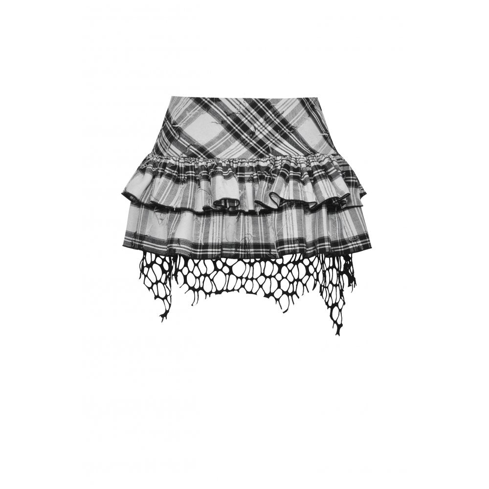Dark in Love Quinn Punk Checkered Asymmetrical Net Skirt – Black/White