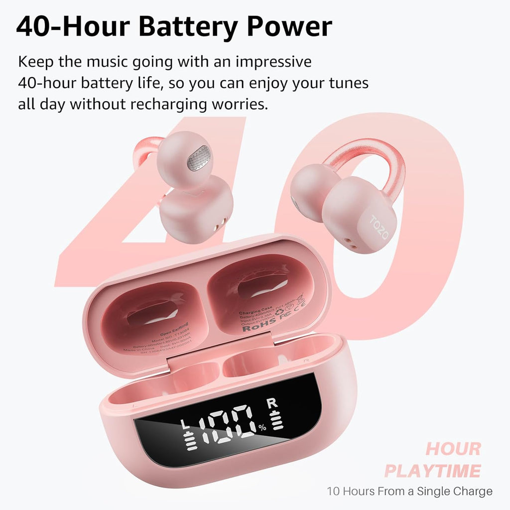 TOZO Open Ear Headphones - Clip On Wireless Earbuds with 40H Playtime
