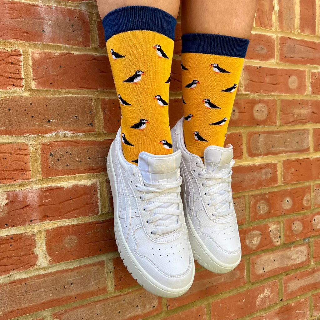 Swole Panda Puffin Bamboo Socks – Sustainable Yellow Novelty Footwear