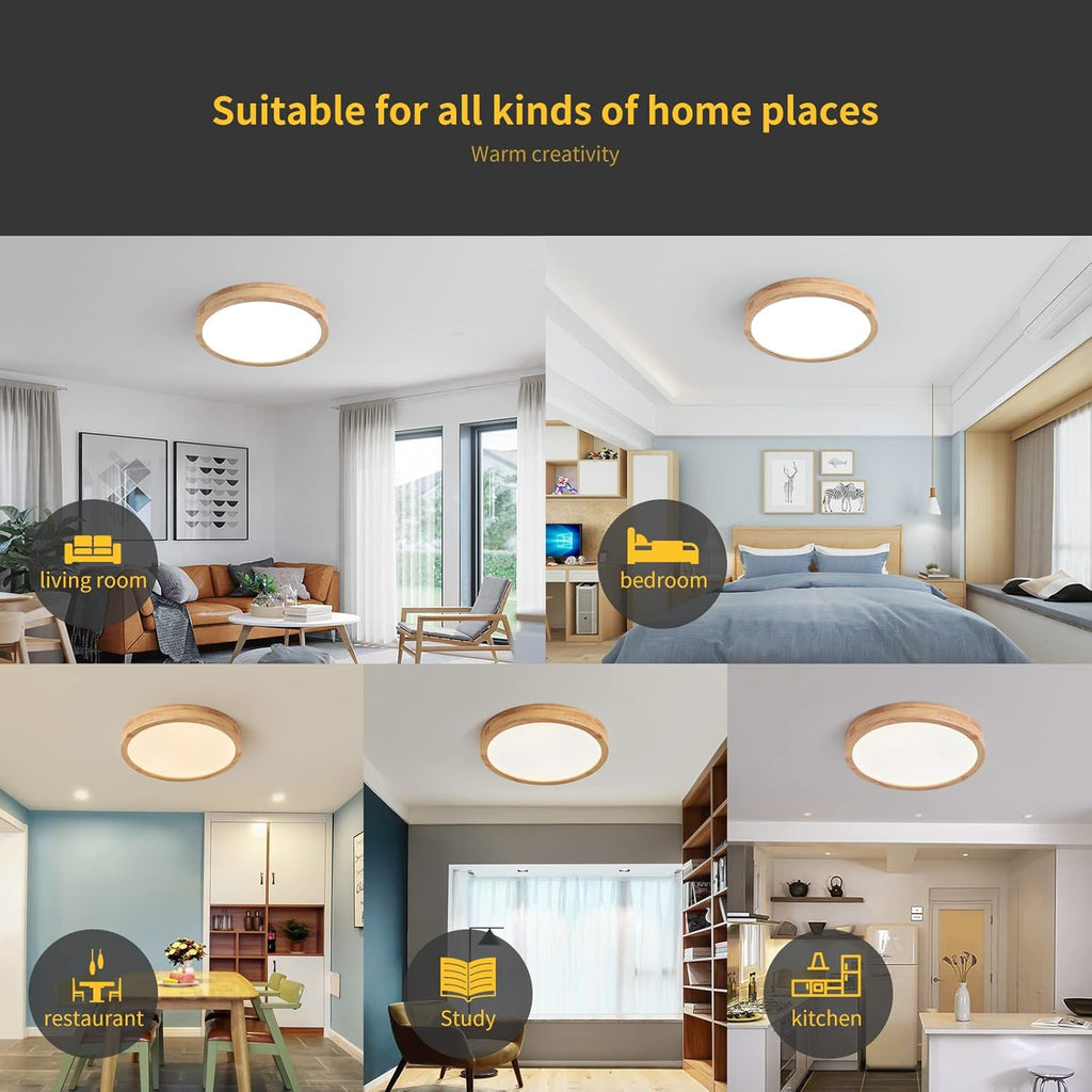 Schindora 20W Wooden LED Ceiling Light – 30cm Oak Flush Mount Lamp