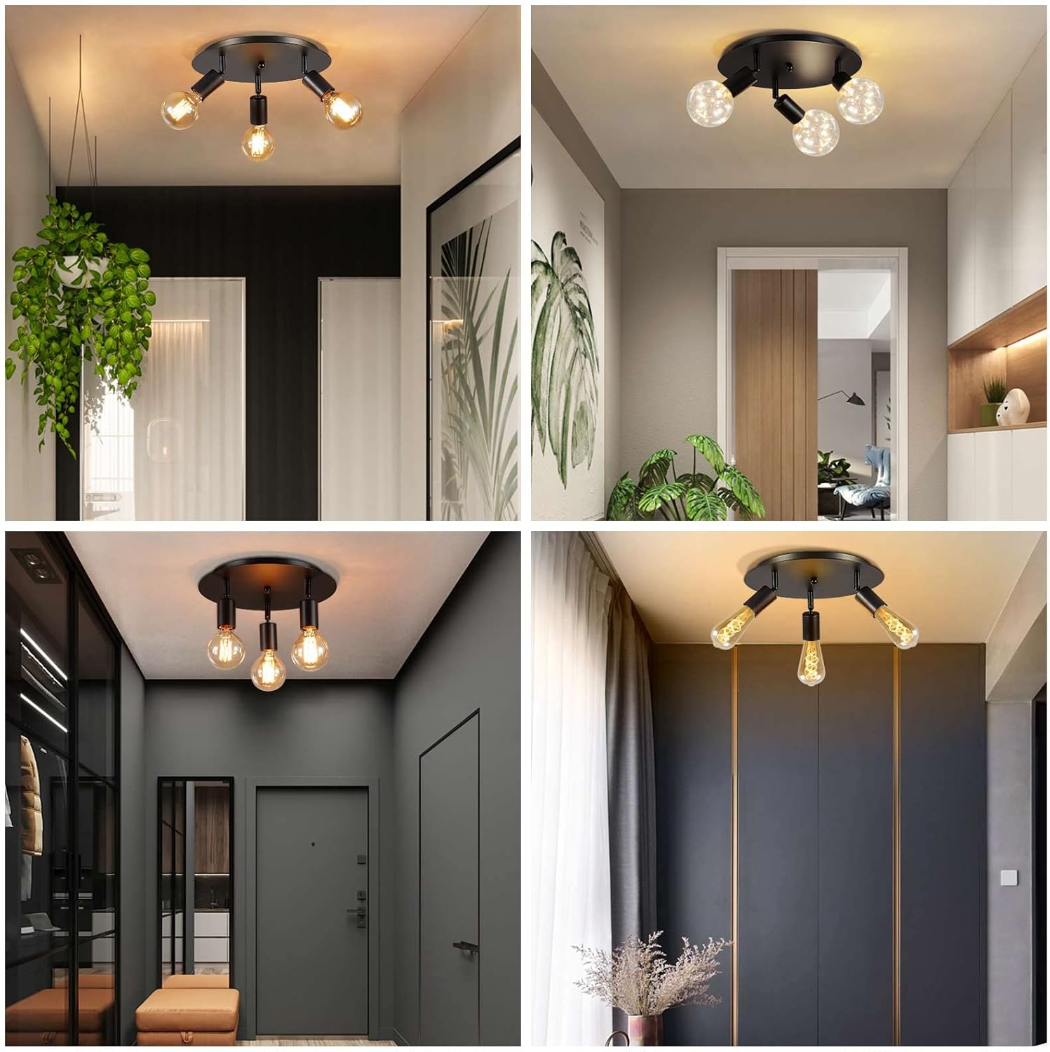 Lightsjoy 3-Way Rotatable Black Ceiling Spot Light | Vintage E27 Metal