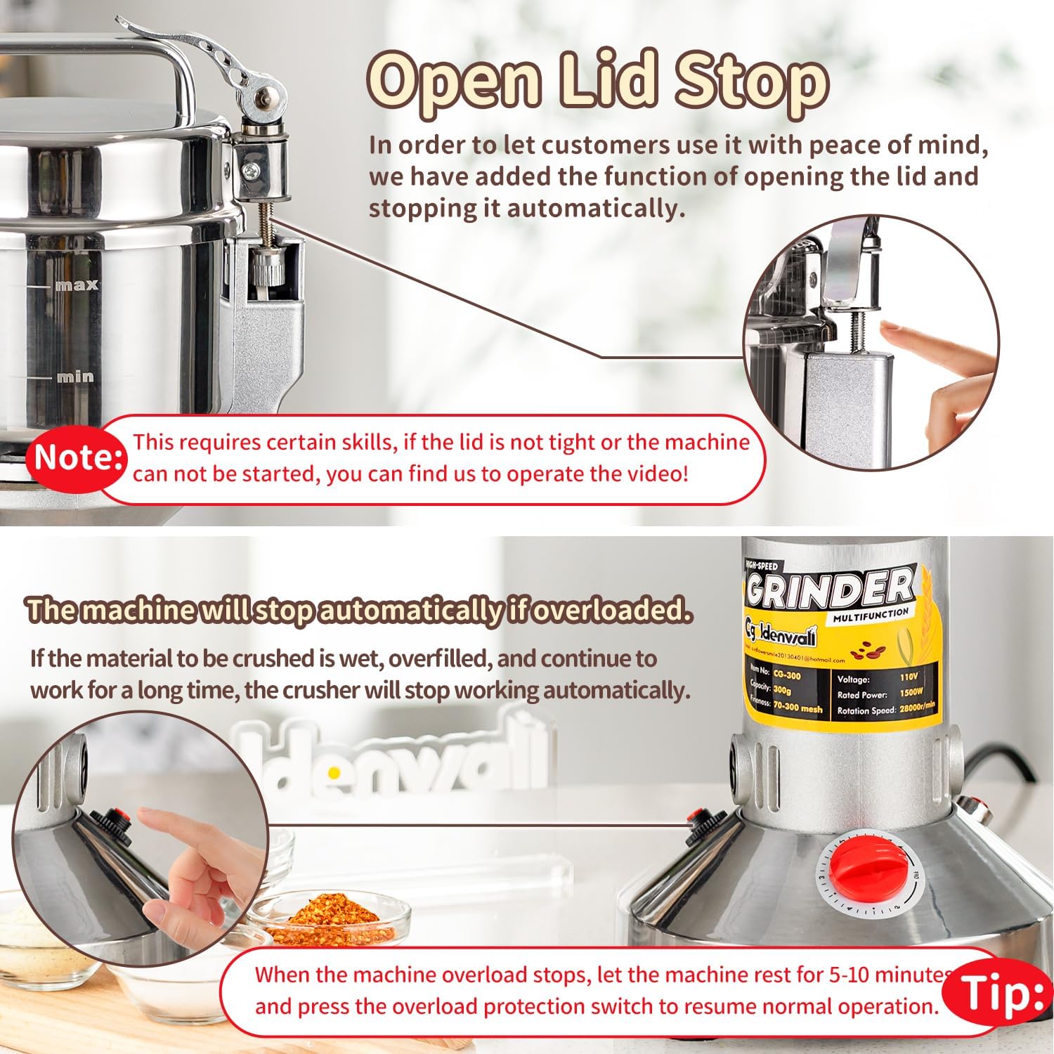 CGOLDENWALL Electric Grain Grinder – 300g Herb & Spice Mill, 1500W