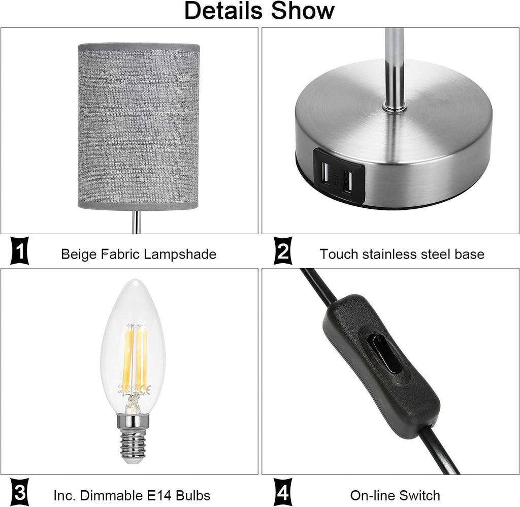 Lightess Touch Bedside Lamps – Set of 2 Grey USB Dimmable Table Lamps