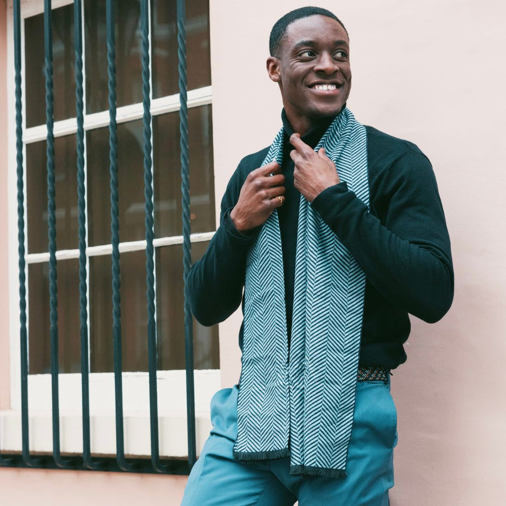 Swole Panda Blue Herringbone Bamboo Scarf – Sustainable Luxury Neckwear