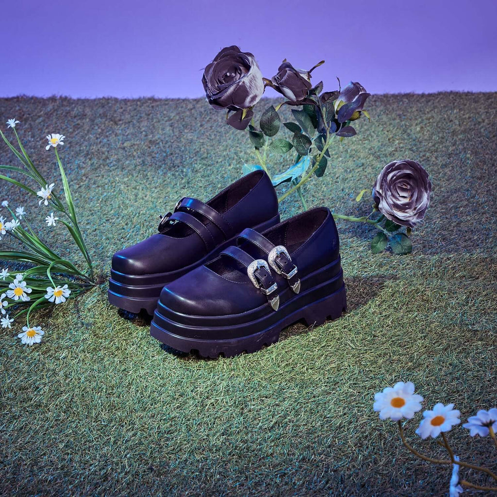 Koi Damona Trident Black Platform Mary Janes with Ornate Buckles
