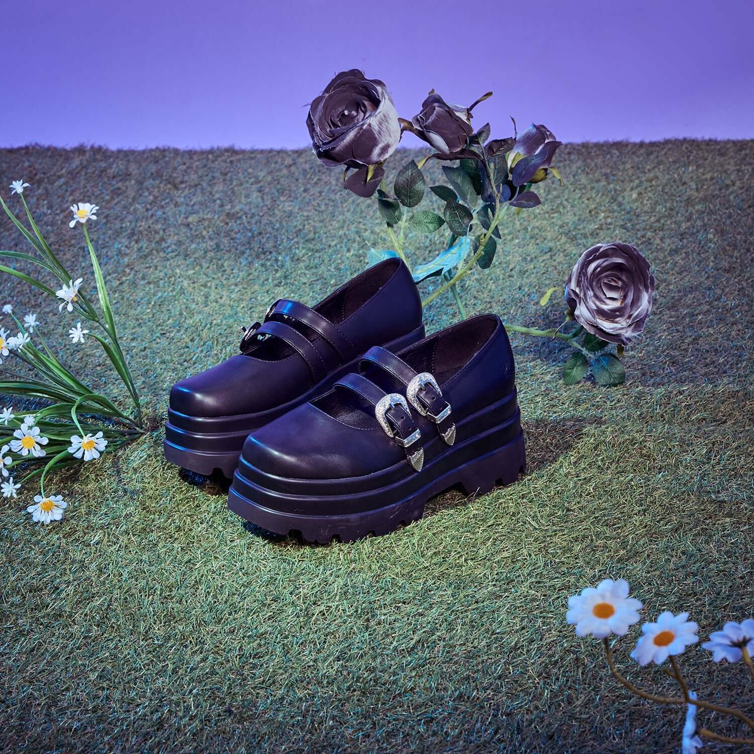 Koi Damona Trident Black Platform Mary Janes with Ornate Buckles